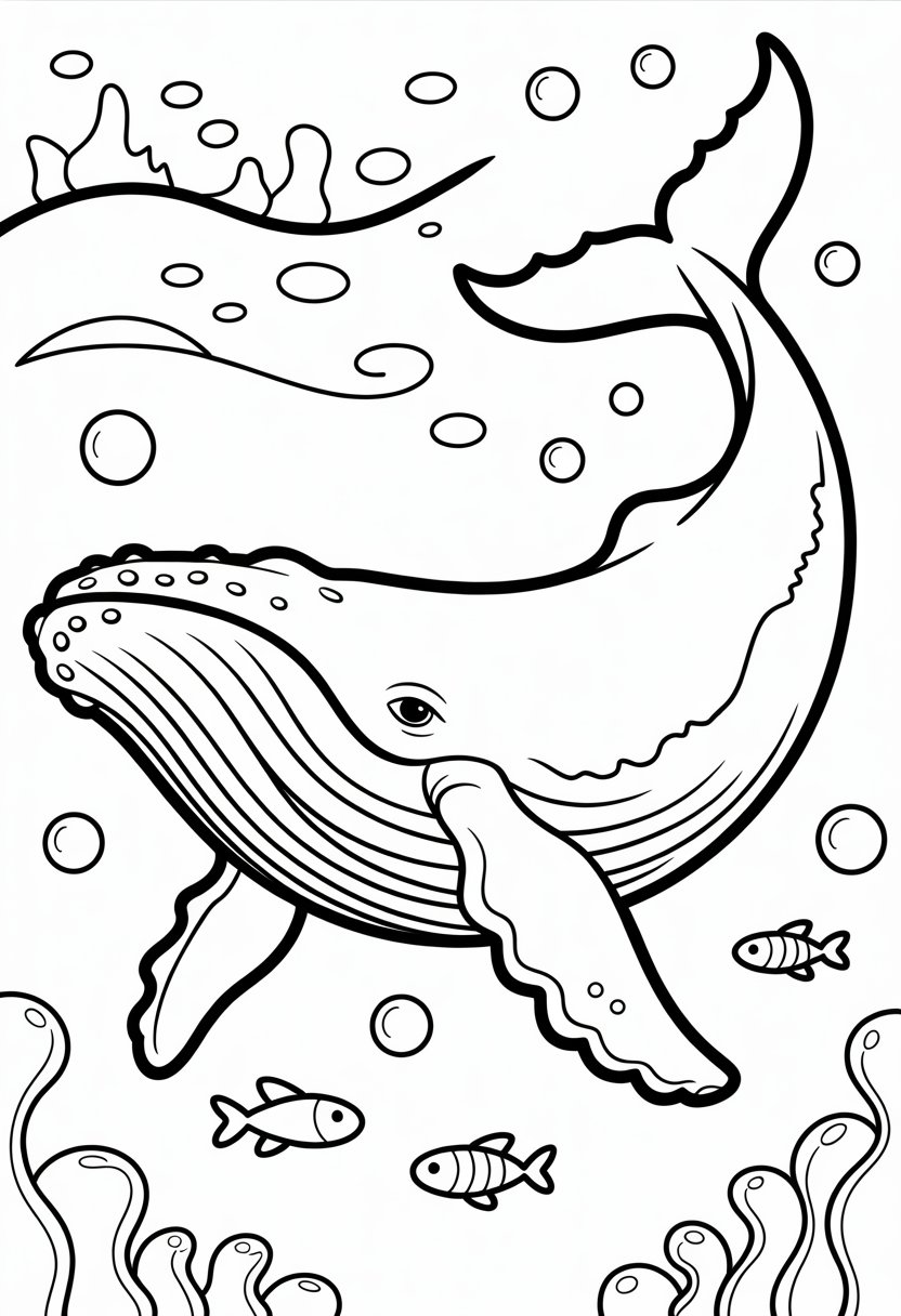 Whale Coloring Pages For Kids | 11 Fun and Educational Designs 4 A humpback whale swimming in the ocean surrounded by bubbles, waves, and small fish.